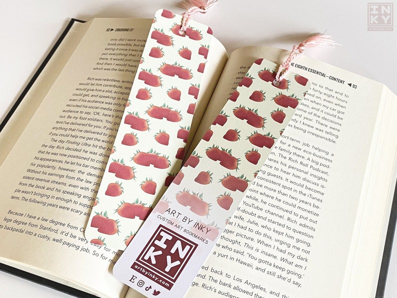 Strawberry Paper Bookmark 2 x 8 inches, Cottagecore Accessories for Reading, Handmade Bookworm Gifts image 1