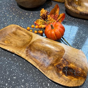 Olive wood 2 section snack dish, ideal for crisps & dips. Fill with little Easter Eggs, great table decor. The perfect  sweet new home gift
