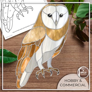 May include: Stained glass pattern of a barn owl with brown, white and grey glass pieces. The pattern is labelled "Hobby & Commercial" and includes the logo for Birch Glass.