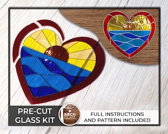 PRECUT GLASS Sunset Ocean Heart Kit • Stained Glass • Mosaic Kit • Glass Kit • Glass Beginner • Tutorial • Pre-Cut • Stained Glass Pattern