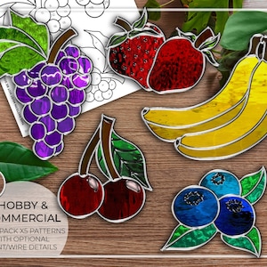 PATTERNS • Fruit x5 Stained Glass Pattern • PDF • Digital Download • Fruits • Plant Stake • Suncatcher • Easy • Strawberry • Grapes • Cherry