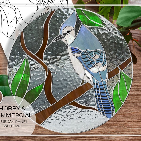 PATTERN • Blue Jay Branches Stained Glass Pattern • PDF • Digital Download • Glass Panel • Suncatcher • Bluejay • Bird • Panel • Round