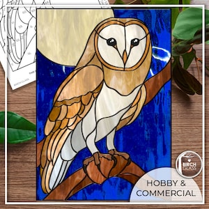 May include: Stained glass pattern of a barn owl perched on a branch with a full moon in the background. The owl is brown, white, and beige with black eyes. The background is blue with white stars. The pattern is labeled "Hobby & Commercial" and "Birch Glass".