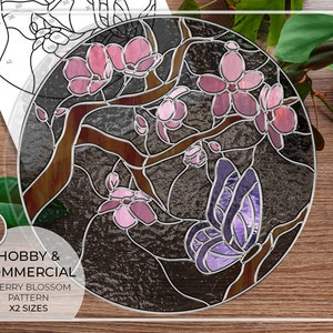 PATTERN • Cherry Blossom Butterfly Stained Glass Pattern • PDF • Digital Download • Butterflies • Panel • Round • Peach Blossom • Sakura