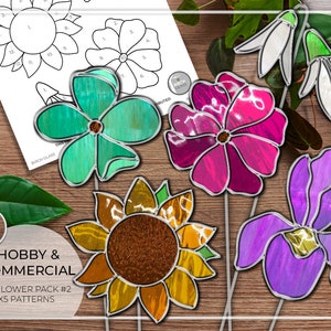 PATTERNS • Flower Pack x5 Beginner Stained Glass Patterns #2 • PDF • Digital Download • Iris • Plant Stake • Sunflower • Easy • Bouquet