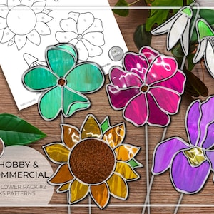 MÖNSTER • Blompaket x5 Nybörjarmönster för målat glas #2 • PDF • Digital nedladdning • Iris • Växtpåke • Solros • Enkel • Bukett