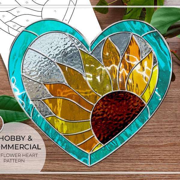 PATTERN • Sunflower Heart Stained Glass Pattern • PDF • Digital Download • Flowers • Heart • Love • Panel • Sun Flower • Easy • Beginner