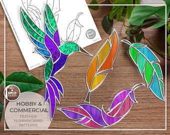 May include: Stained glass hummingbird and feather patterns in various colours. The hummingbird has purple, green, and blue tones. The feathers display orange, yellow, pink, and blue. The image includes the text "HOBBY & COMMERCIAL FEATHER HUMMINGBIRD PATTERNS".