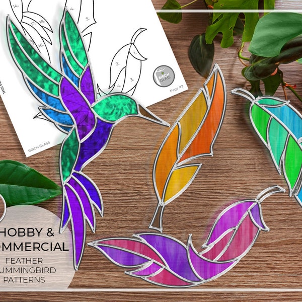 PATTERN • Feather & Hummingbirds Stained Glass Pattern • PDF • Digital Download • Birds • Hummingbird • Easy • Beginner • Printable