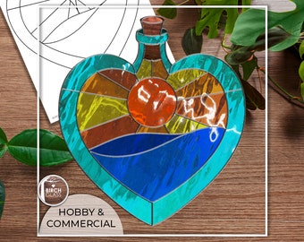 PATTERN • Heart Sunny Skies Bottle Stained Glass Pattern • PDF • Digital Download • Sunshine • Hobby • Potion • Panel • Ocean