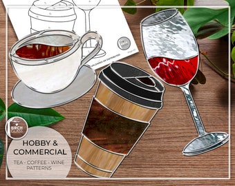 PATTERN • Wine Tea Coffee Stained Glass Pattern • PDF • Digital Download • Drinks • Cafe • Latte • Beverage • Easy • Beginner