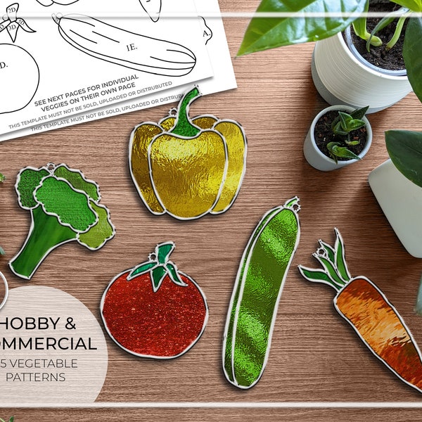 PATTERNS • Veggies x5 Beginner Stained Glass Patterns • PDF • Digital Download • Vegetables • Plant Stake • Suncatcher • Easy