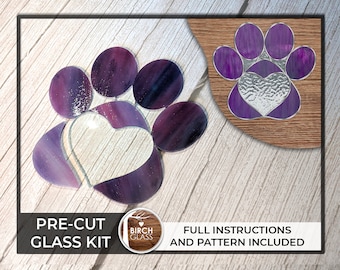 PRECUT GLASS Paw Print Heart Kit • Stained Glass • Mosaic Kit • Glass Kit • Glass Beginner • Tutorial • Memorial • Stained Glass Pattern
