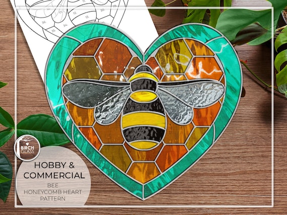 PATTERN Honey Bee Heart Stained Glass Pattern PDF Digital Download Bee Heart  Love Panel Honeycomb Bees Honey Comb 