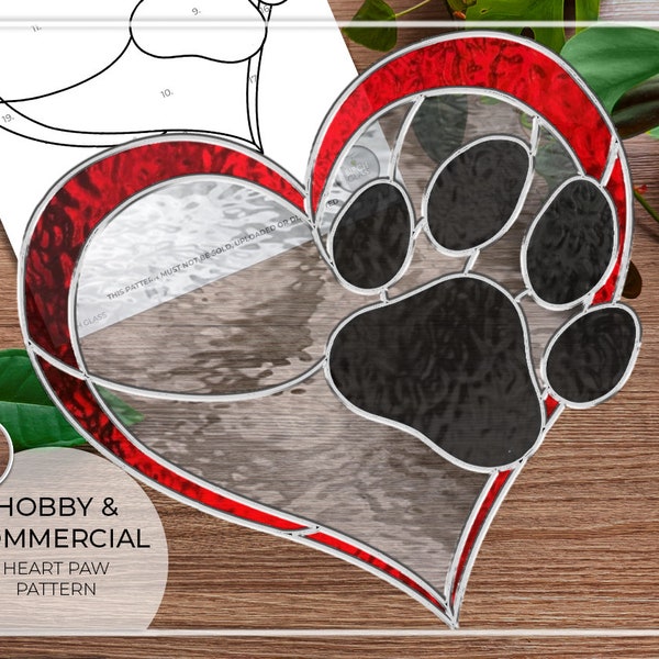 PATTERN • Heart Paw Stained Glass Pattern • PDF • Digital Download • Panel • Dog • Cat • Pet • Paw Print • Memorial • Valentines Day