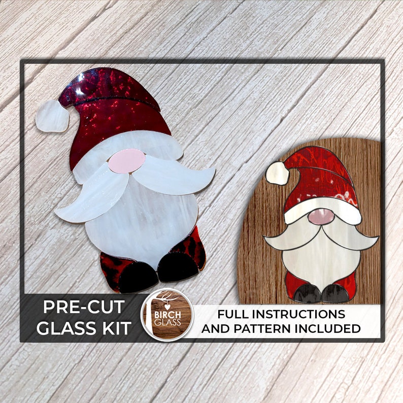 PRECUT GLASS Christmas Gnome Kit Stained Glass Mosaic Kit Glass Kit Glass Beginner Tutorial Pre-Cut Stained Glass Pattern image 1