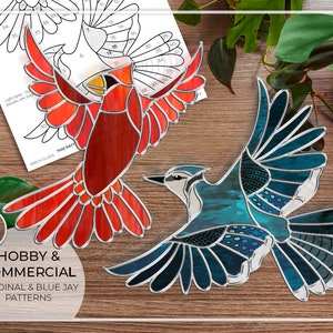 MOTIF • Geai bleu cardinal Branches de vitrail • PDF • Téléchargement numérique • Geai bleu • Attrape-soleil • Geai bleu • Oiseau • Cardinal