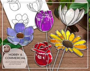 May include: Five stained glass flower patterns for hobby and commercial use. The patterns include a purple tulip, a white water lily, a yellow daisy, a red rose, and a blue anemone.