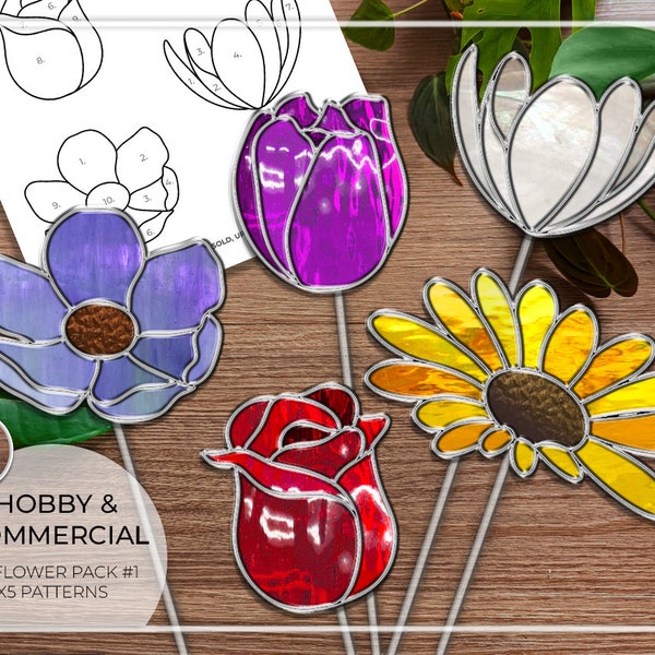 PATTERNS • Flower Pack x5 Beginner Stained Glass Patterns #1 • PDF • Digital Download • Rose • Plant Stake • Tulip • Daisy • Easy • Bouquet