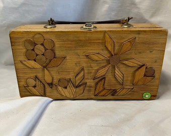 Vintage 1970s Wooden Box Purse with Wooden Flowers