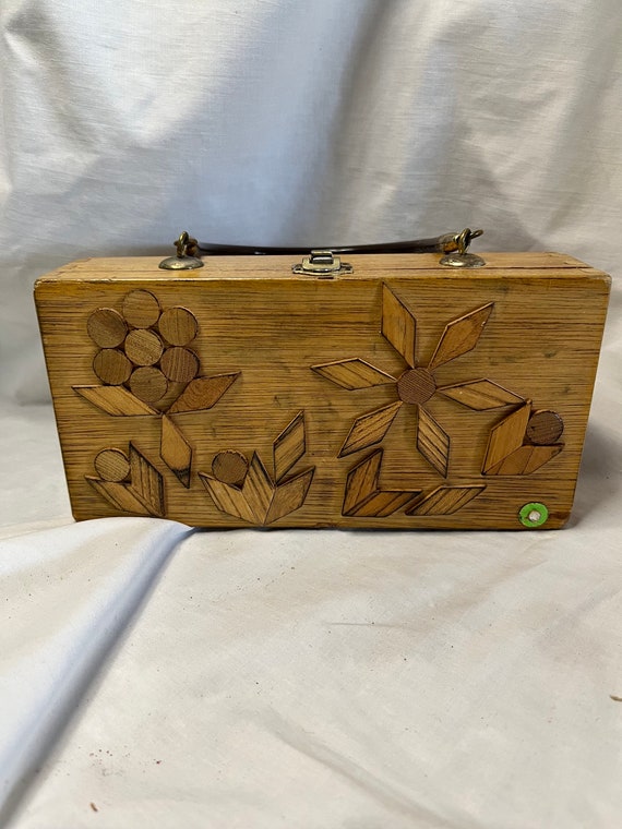 Vintage 1970s Wooden Box Purse with Wooden Flowers