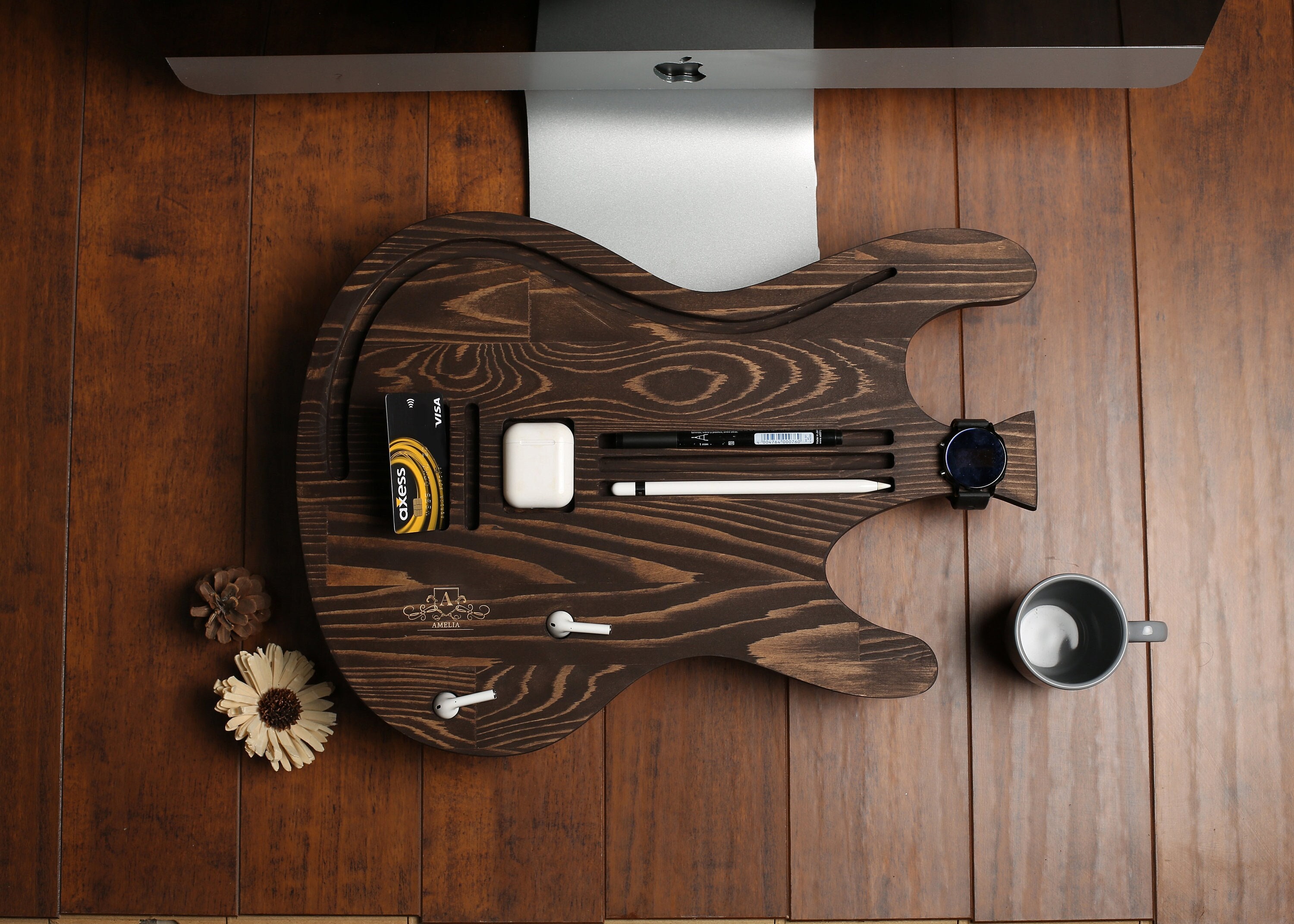 Natural Wood Guitar Desk Organizer Desk Accessories Docking Etsy