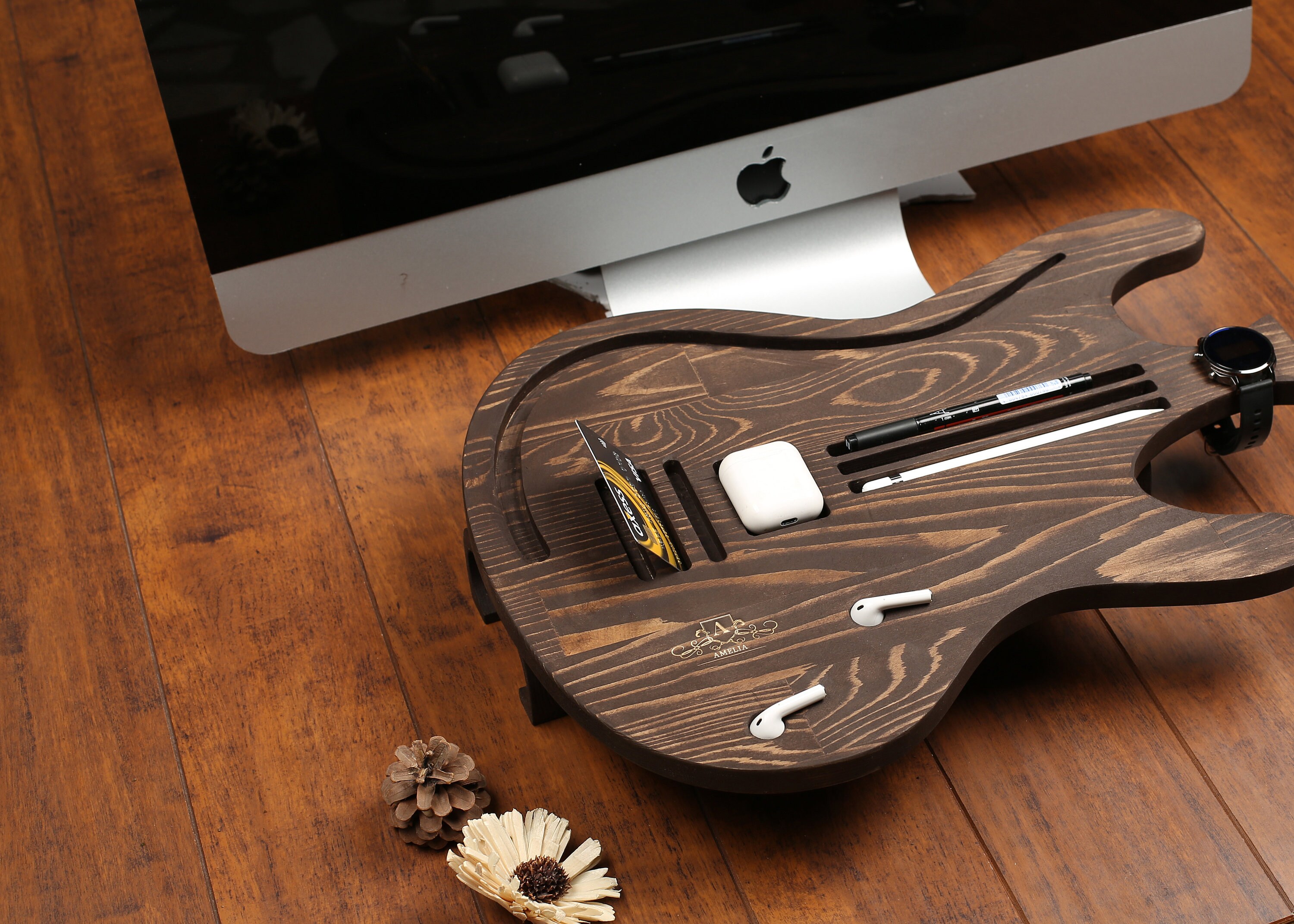 Natural Wood Guitar Desk Organizer Desk Accessories Docking Etsy