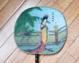 Japanese Vintage Handheld Silk Screen Geisha Fan Bamboo Handle