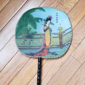 Japanese Vintage Handheld Silk Screen Geisha Fan Bamboo Handle