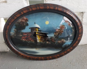 Vintage Reverse Painting Oval Framed China Night Scene Convex Glass