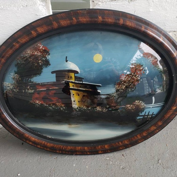 Vintage Reverse Painting Oval Framed China Night Scene Convex Glass