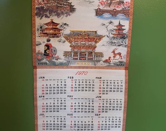1970 Silk Screen Tapestry Scroll Calendar Japan Tokyo Osaka