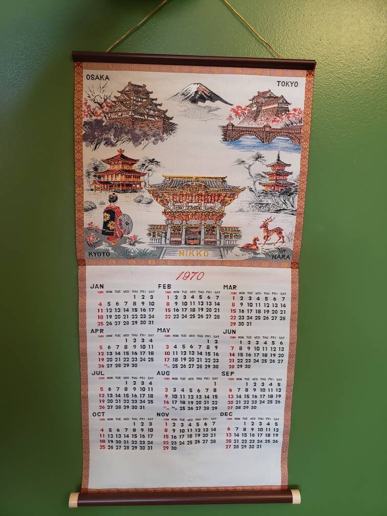 Antique Mount Fuji Silk Screen Tapestry Scroll Calendar 1962 Japan Asian  Decor