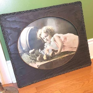 Antique Framed Print Little Girl With Chicks Large Wood Ornate Frame