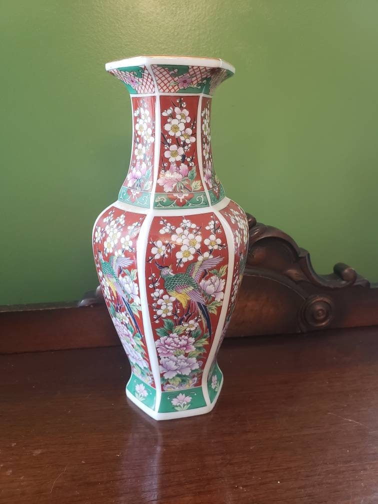 ヂェラード　ネスワドバ作　花市場 Vintage Orange Ceramic Enamel Vase Bird Pheasant Flower Motif