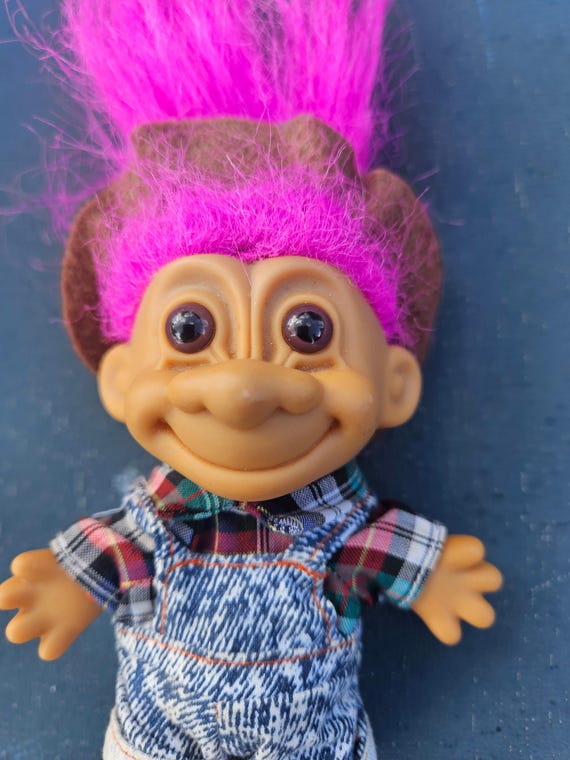 【希少】90s Drawls ドロールズ フーディー USA製 ラッパロゴ 刺繍 Vintage 1990s Russ Troll Doll Happy Farmer Denim Coveralls Pink