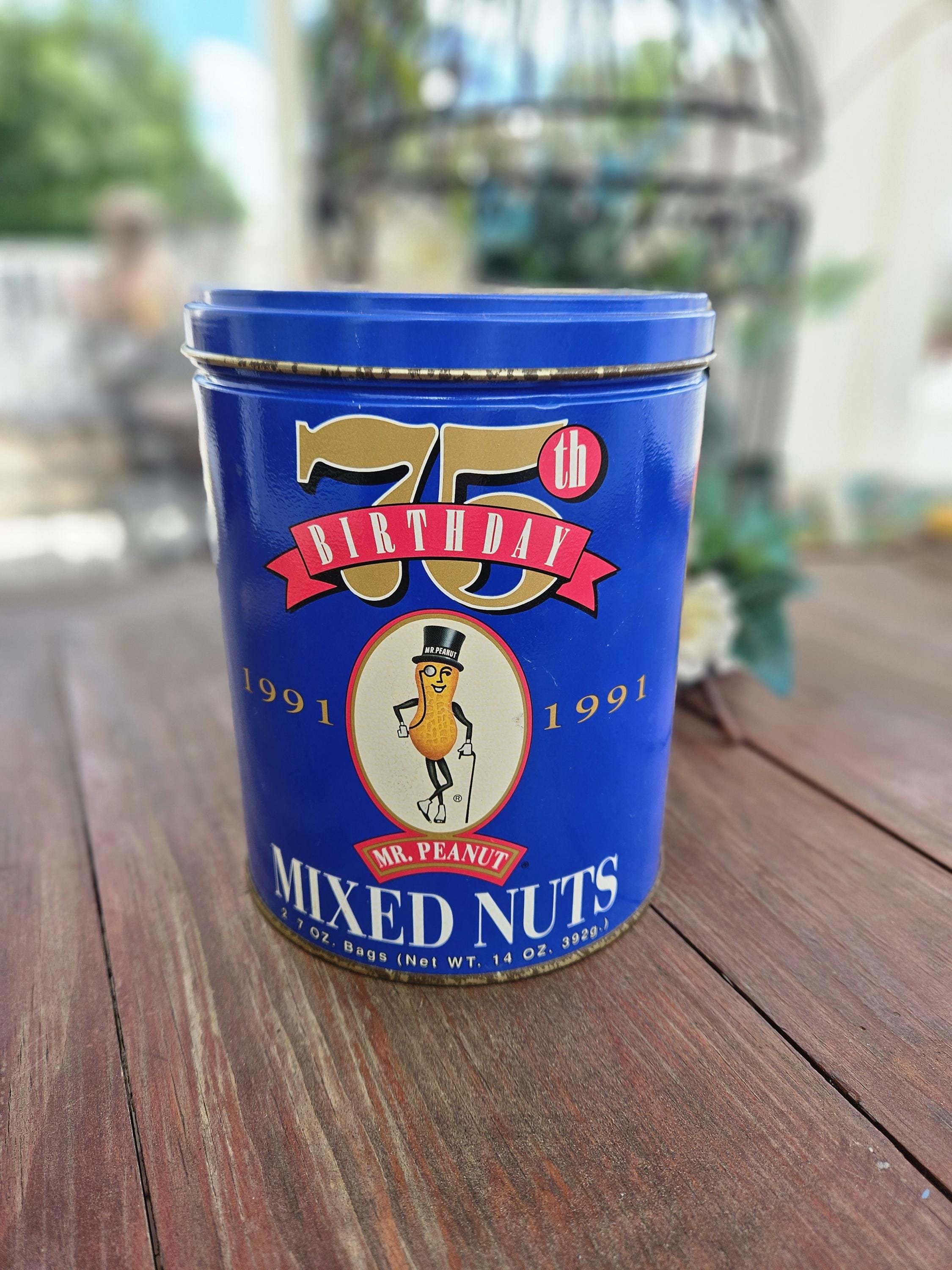 Vintage 1991 Planters Mr. Peanut 75th Birthday Tin | Blue Mixed