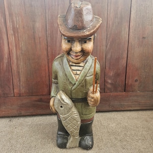 Vintage Folk Art Hand Carved Wood Wine Bottle Holder Fisherman