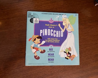 Disneyland Record and Book Walt Disney's Story of Pinocchio 1966 LP 33 giri Vintage