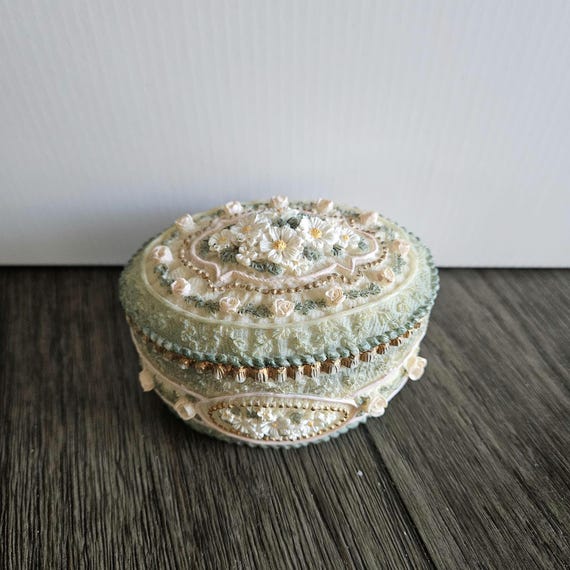 1997 Dezine Hand Painted Floral Trinket Box – Vintage Green
