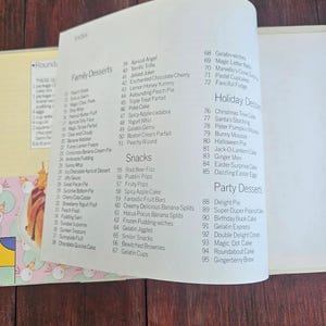 Op de afbeelding: Openstaande pagina uit een kookboek met dessertrecepten. De index bevat categorie&euml;n als Familiedesserts, Snacks en Feestdesserts. Titels zijn onder meer "Apricot Angel", "Gelatin Gems" en "Gingerberry Brew". Op een houten oppervlak.