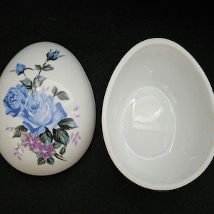 Vintage Porcelain Trinket Box Blue Roses Hand Painted Egg Shaped Jewelry Dish