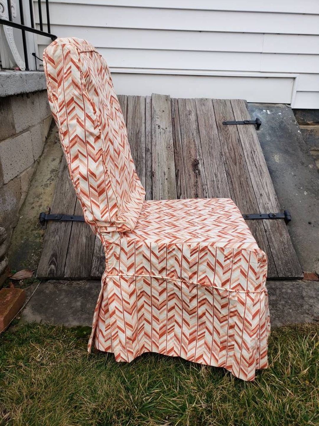 Vintage Set of 6 Full Length Dining Chair Slip Covers Orange Pattern
