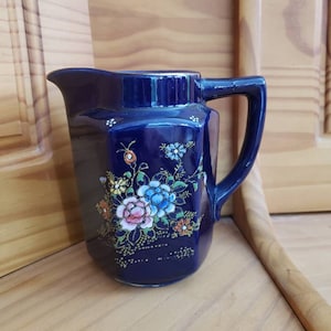 Cobalt Blue Hand Painted Floral Pitcher Vase China