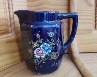 Cobalt Blue Hand Painted Floral Pitcher Vase China