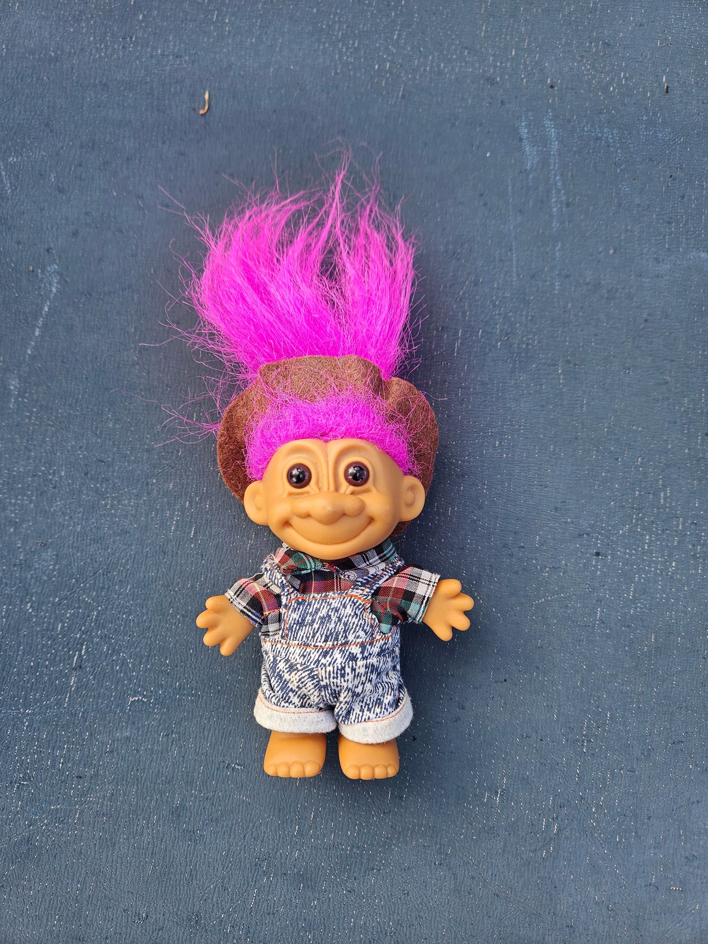 Vintage 1990s Russ Troll Doll Happy Farmer Denim Coveralls Pink