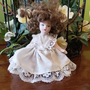 Vintage Porcelain Doll Curly Hair Green Eyes 4&quot;