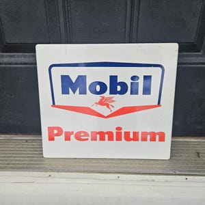 Vintage Porcelain Mobil Premium Gas Motor Oil Company Pump Sign 1950s Mancave Garage Sign