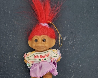 Troll Doll Vintage Feliz Navidad 3" Russ 1990s