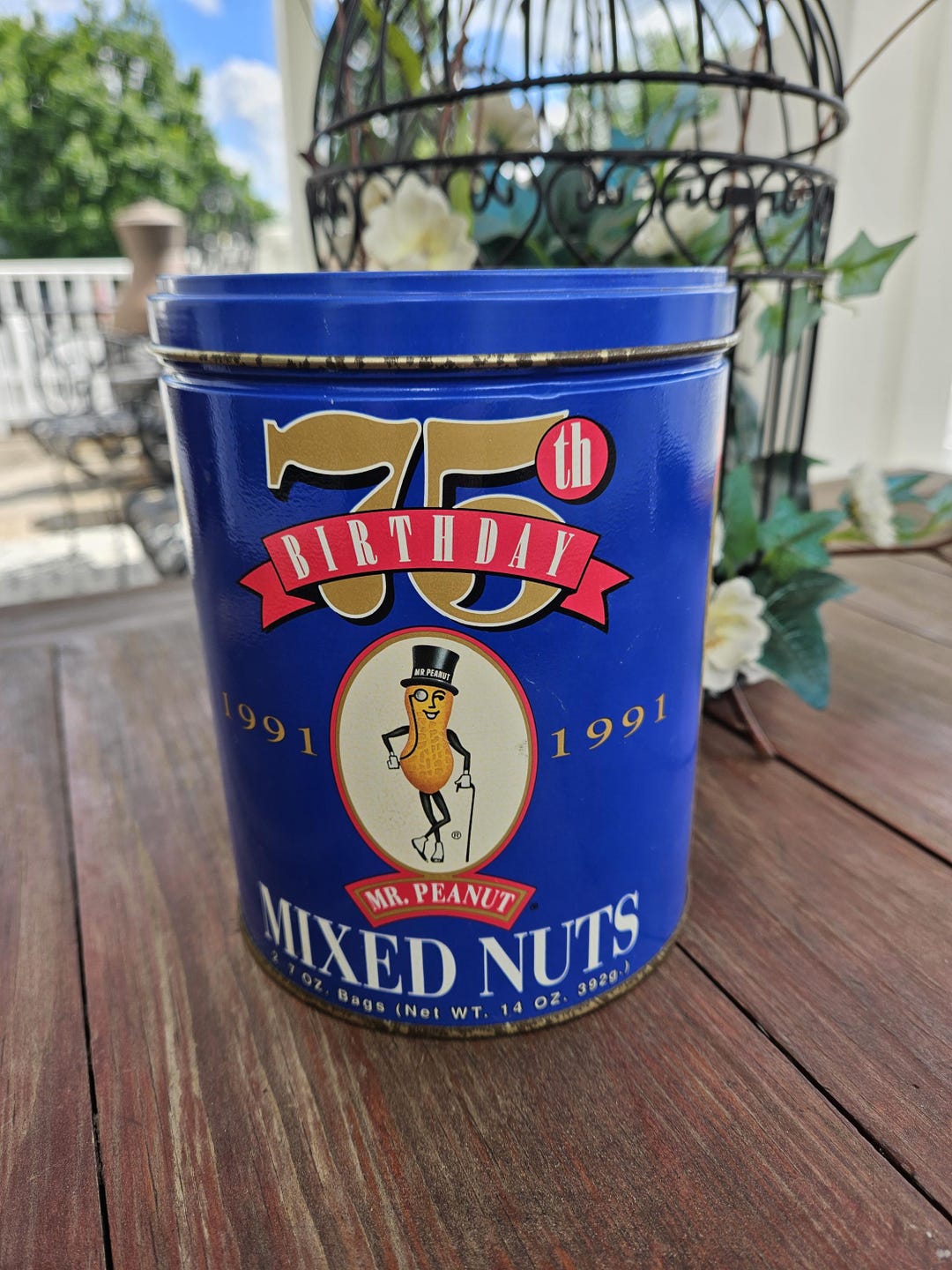 Vintage 1991 Planters Mr. Peanut 75th Birthday Tin | Blue Mixed